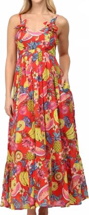 Fate Fruit Motif Print Cotton Voile Floral Trimmed Maxi Dress In Red Multi