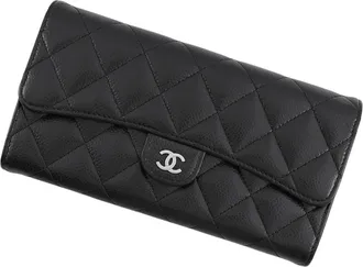 Chanel Black Grained Calfskin Long Wallet (Bi-Fold) (Pre-Owned)