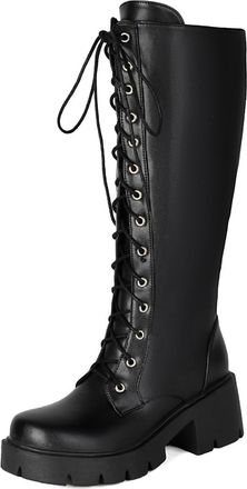 Generic Womens Knee High Boots Black PU Leather Round Toe Lace Up Side Zip Platform Sole Comfortable Non Slip Wear Resistant Daily Casual Street Style Night O
