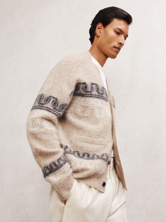 Reiss Oatmeal Wool Blend Fairisle Pattern Cardigan, Xxl