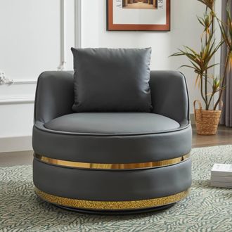 Matteo Modern Grey PU 360&deg; Swivel Barrel Accent Chair with Gold Trim