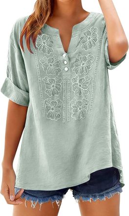 Generic Womens Embroidered Cotton Linen Gauze Blouse - Summer 3/4 Sleeve Boho Floral Detail Dressy Casual Loose Tunic Top(1B-Light Green, L)