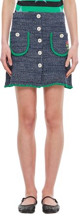 Cormio Textured A-Line Miniskirt with Floral Embroidery and Green Hem Detail