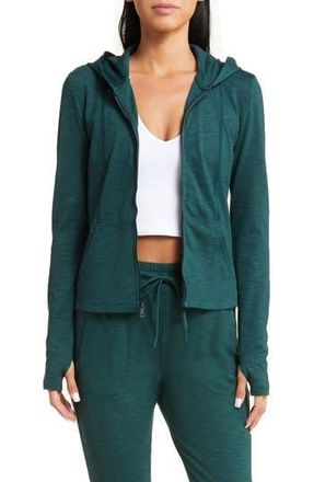 Beyond Yoga Heather Rib Zip-Up Hooded Jacket in Midnight Green Heather Rib at Nordstrom Rack, Size X-Small
