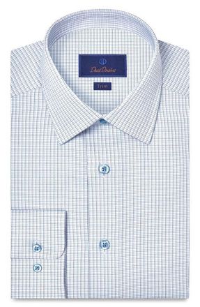 David Donahue Trim Fit Check Cotton Dobby Dress Shirt in White/Blue at Nordstrom, Size 17.5 - 32