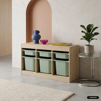 Sweeek Mueble de almacenamiento infantill horizontal, 6 cajas, verde gris&aacute;ceo