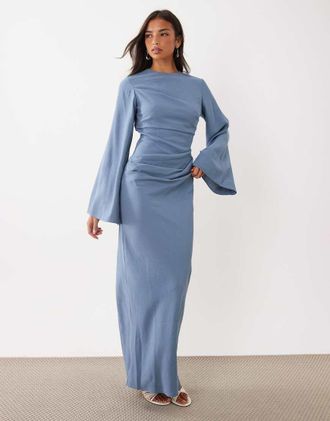 Asos vestito lungo con maniche lunghe e vita segnata in blu grigio