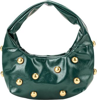 Generic Women PU Studded Shoulder Bag Large Capacity Punk Underarm Bag Hasp Closure Rivet Shoulder Purse Vintage Carrying Bag Designer Handbag (Green)