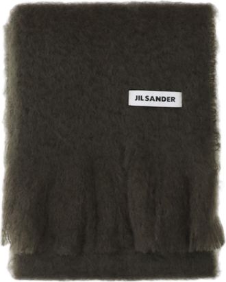 Jil Sander Dark Green Mohair Fringed Scarf