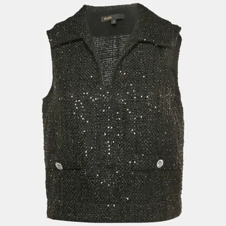 Maje Black Sequin Tweed Sleeveless Top