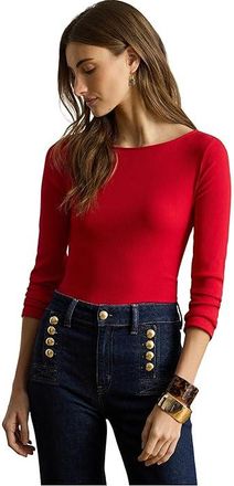Lauren Ralph Lauren Petite Rib-Knit Cotton-Blend Boatneck T-Shirts Womens Clothing Cruise Red : PXS, Cotton/Elastane/Modal