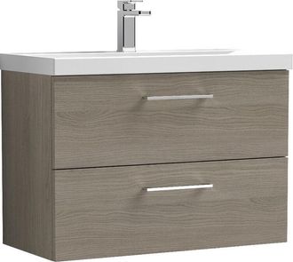 Nuie Nuie - Arno Solace Oak Woodgrain 800mm Wall Hung 2 Drawer Vanity Unit and Thin Edge Ceramic Basin - ARN2526D
