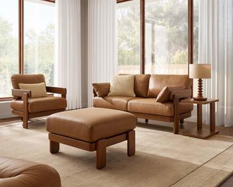 Castlery Eden Leather Loveseat with Ottoman, Mocha for Living Room, Brown, Castlery