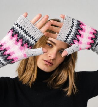 Brodie Electric Fairisle Wrist Warmers In Charcoal/ Neon Pink