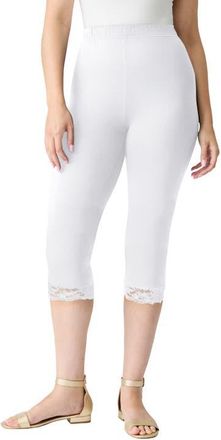 Roaman's Lace Trim Essential Stretch Capri Legging in White at Nordstrom, Size Small