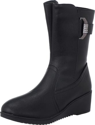 Generic Winter Womens Fashion Mid Calf Winter Boots Slip On Casual Warm Thermal Heels Comfortable Breathable Footwear For Ladies (Black, 5. 5)