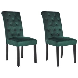 Beliani Conjunto De 2 Sillas De Comedor Tapizadas En Terciopelo Verde Bot&oacute;n Capiton&eacute; Glam Dise&ntilde;o Moderno Patas De Madera Negras Velva