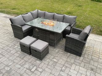 Fimous Rattan Garden Furniture High Back Corner Sofa Gas Fire Pit Dining Table Sets Gas Heater with Armchair 2 Small Footstools in Dark Grey