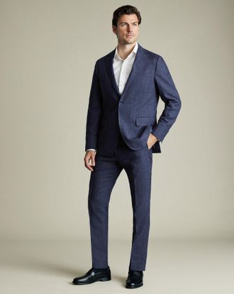 CHARLES TYRWHITT Pure Linen Check Trousers - Indigo Blue Size 30/30 by Charles Tyrwhitt