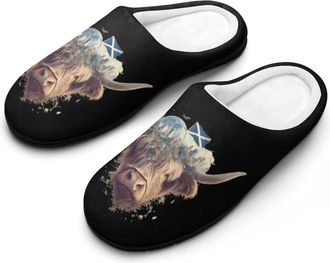 Generic Scotland Flag Highland Cow Slippers Men Winter Warm Cotton Anti-Slip Indoor Slip-Ons House Shoes