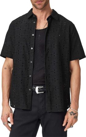 John Varvatos Sean Eyelet Cotton Short Sleeve Button-Up Shirt in Black at Nordstrom, Size X-Large