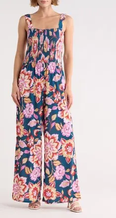 West K Smocked Knit Sleeveless Jumpsuit in Teal Pink Floral at Nordstrom Rack, Size Medium
