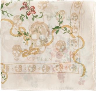Alexander McQueen Alexander McQueen, Silky Scarves, female, Beige, Size: ONE SIZE Floral Skull Scarf