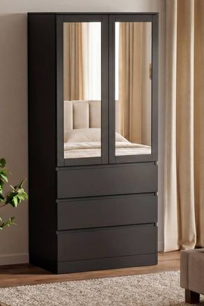 Home Discount Vida Designs Denver 2 Door 3 Drawer Mirrored Wardrobe Bedroom in Black