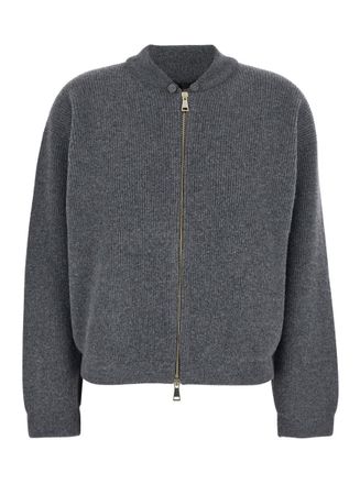 Fabiana Filippi Grey Ribbed Knit Sweatshirt With Front Zip Closure In Wool Blend Woman