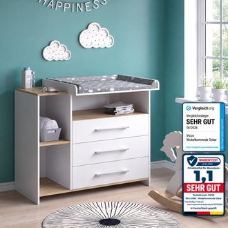 Vicco Fasciatoio Oskar, Rovere Bianco/dorato, 113 X 93 Cm Con 3 Cassetti, Vicco