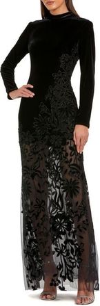 Mac Duggal Long Sleeve Sheer Floral Embroidered Velvet Gown in Black at Nordstrom, Size X-Large