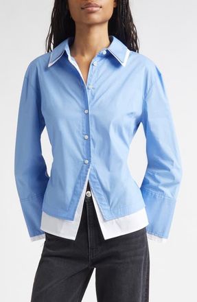 Veronica Beard Bonnie Layered Cotton Blend Button-Up Shirt in Cadet at Nordstrom, Size 12