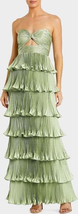 Mac Duggal Ieena Pleated Charmeuse Strapless Tiered Ruffle Gown