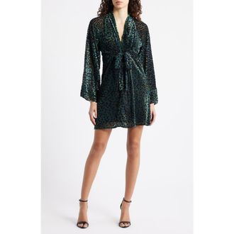 Ciebon Amaia Velvet Flock Dot Long Sleeve Minidress in Green at Nordstrom Rack, Size X-Small