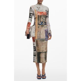 Desigual Mix Print Long Sleeve Midi Dress in Beige at Nordstrom, Size Large