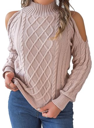 Feoya Cold Shoulder Jumper Chunky Knit Long Sleeve Sweaters Off Shoulder Pullover Casual Turtleneck Cable Knit Tops Spring Autumn Pink M