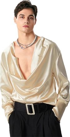 Generic Men Solid Color V Neck Shirt Long Sleeve Satin Irregular Shirts Loose Casual Streetwear Beige S