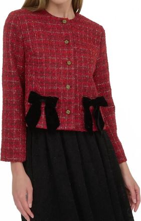 Moon River Plaid Tweed Velvet Bow Jacket In Red