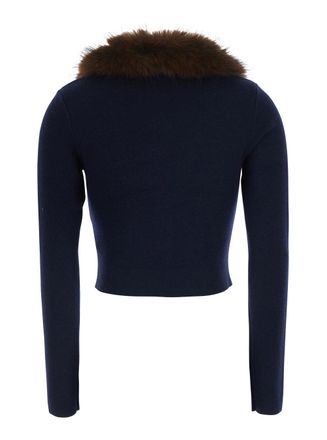 Self Portrait Synthetic Fur Trim Cardigan - Navy