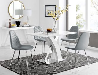 Furniturebox Atlanta White High Gloss & Chrome 4 Seater Dining Table with X Shaped Legs & 4 Faux Leather Corona Chairs in Grey