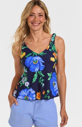 Lands End Chlorine Resistant V-neck Shoulder Tie Flutter Tankini Swimsuit Top in Navy/exploded Poppy Floral at Nordstrom, Size 24W
