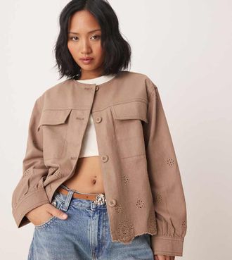 Asos Petite ASOS DESIGN Petite collarless twill broderie jacket in mushroom-Green