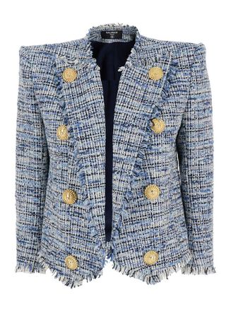Balmain Side To Side Blue Jacket With Peak Revers And Jewel Buttons In Cotton Blend Woman