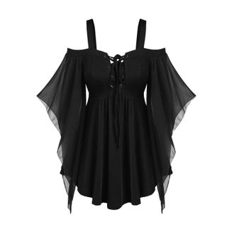 Generic Plus Size Halloween Costumes for Women Plus Size Fancy Dress Gothic Black Dress Angel Retro Party Wedding Medieval Cold Shoulder Chiffon Sleeve Victor