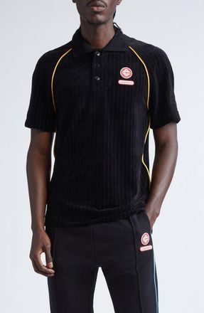 Casablanca Raglan Sleeve Rib Velour Polo in Black at Nordstrom, Size X-Large