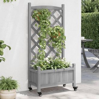 Berkfield Home Planter with Trellis & Wheels Grey Solid Wood Fir