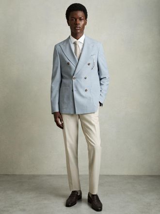 Reiss Soft Blue Belmont Double-breasted Textured Suit Blazer With Wool Slim-fit, 42R