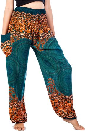 Lofbaz Harem Pants for Women Hippie Boho Festival Clothing - Bohemian Trousers for Yoga Beach Summer - Smocked Waist with Pockets - Rose 1 Teal Green XXL Plu