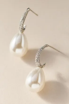 Adina Eden Pave Teardrop Pearl Hoop Earrings