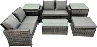 Fimous Pe Rattan Garden Furniture Set Lounge Double Seat Sofa Coffee Table Set with 2 Side Tables Big Stool Dark Grey MixedMixed - Fimous